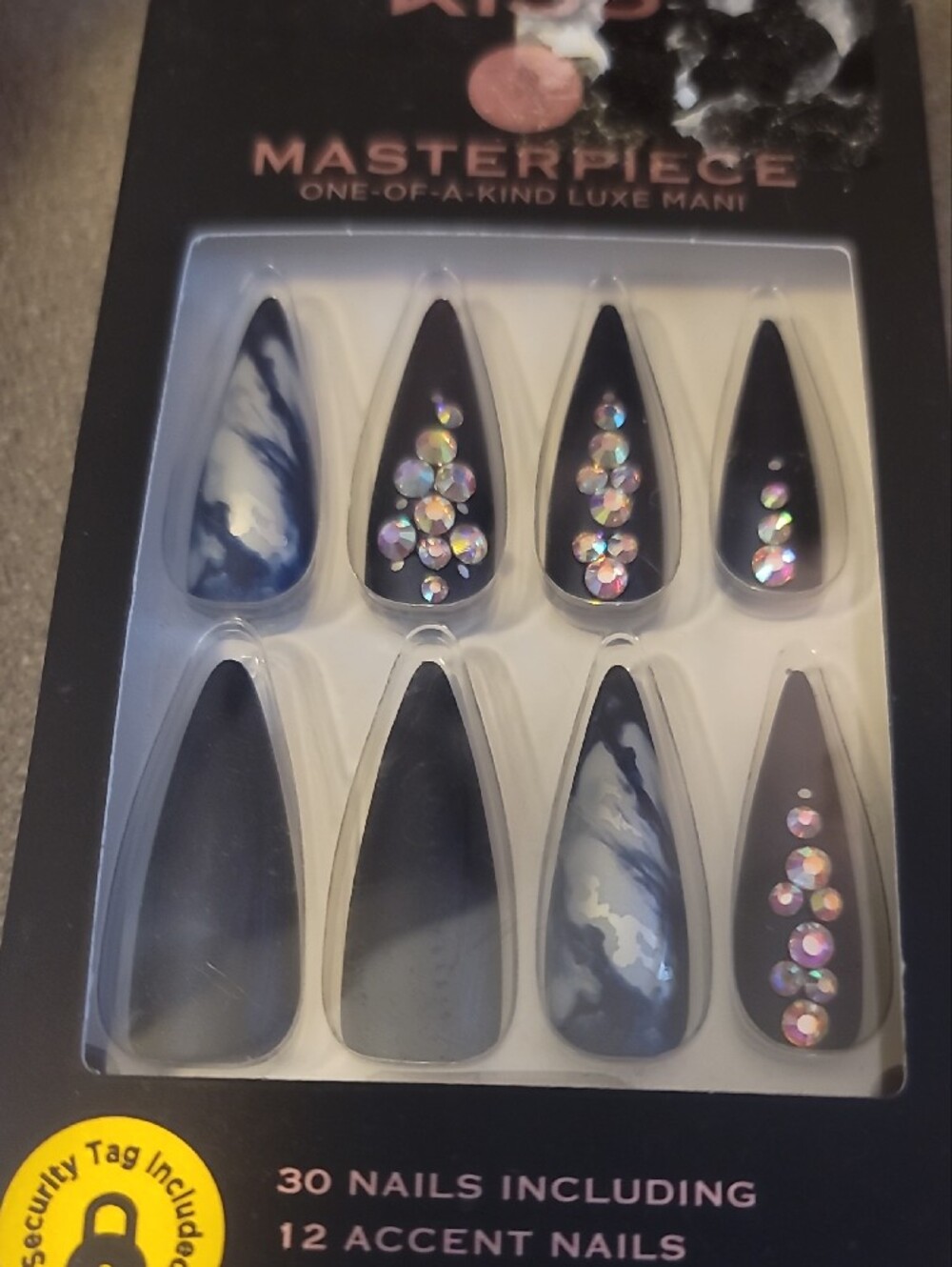 KISS Masterpiece Black Marble Press-On Nails with Rhinestone Accents - Picture 2 of 3